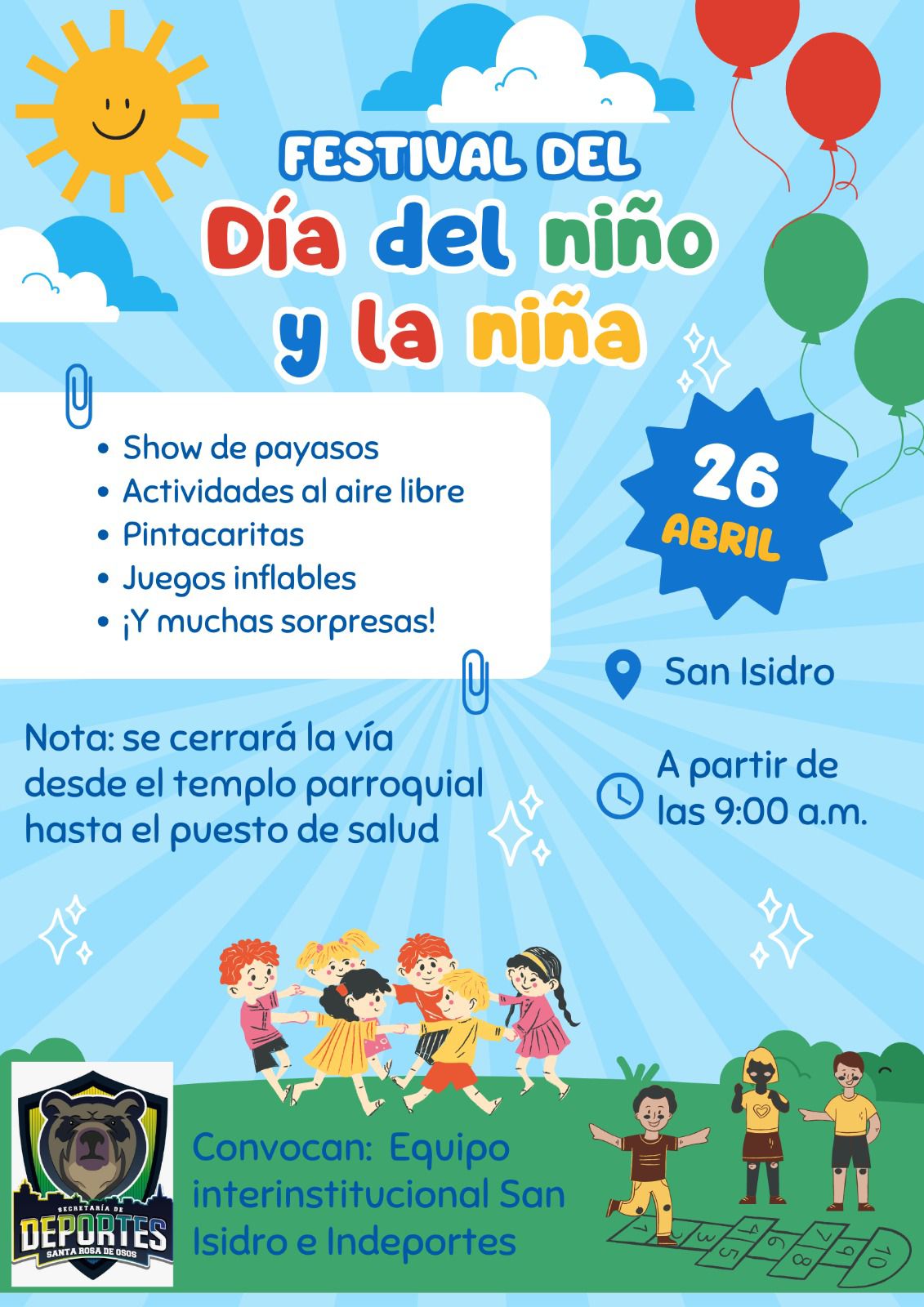 En nuestra institución se celebrará el 26 de abril: Festival del Dia del Niño y la Niña. Corregimiento San Isidro – Santa Rosas de Osos. 